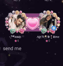 a man and a woman are surrounded by flowers and a pink heart with the words " send me " below them