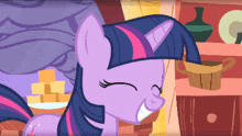 twilight sparkle is a purple pony with a pink stripe on her mane