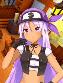 a girl with purple hair is wearing a purple bandana and a hat with the letter e on it
