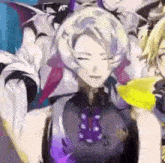 a woman in a purple dress is standing in front of a group of people in a video game .
