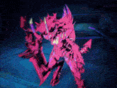 a drawing of a pink monster with a sword and a spear