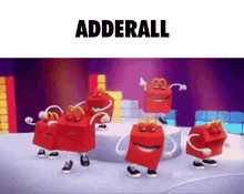 a group of mcdonald 's happy meals are dancing on a stage under the word adderall