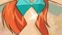 a cartoon of a girl with red hair and a blue dress