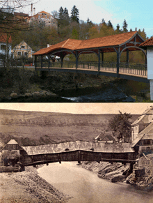 a black and white photo of a bridge over a river next to an old photo