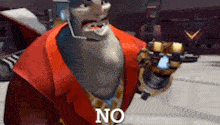 a cartoon character is holding a gun and says no in a video game .