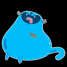 a blue cartoon cat with a fish on its head sticking its tongue out .