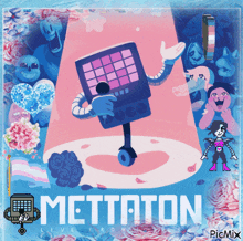 a picture of a robot holding a microphone with the word mettaton on it