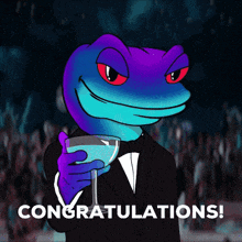 a cartoon of a lizard in a tuxedo holding a martini glass with the words congratulations below him