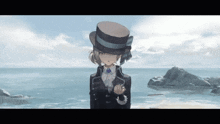 a girl wearing a top hat stands in front of the ocean