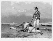 a man in a top hat is standing next to a dead horse on a hill .