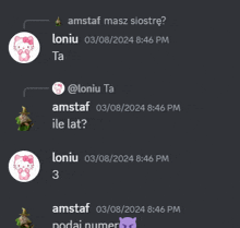 a screenshot of a conversation between loniu and amstaf at 8:46 pm