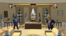 a cartoon of donald trump and barack obama fighting in a living room