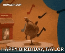 a chicken is dancing on a table with the words `` happy birthday , taylor '' written on the bottom .
