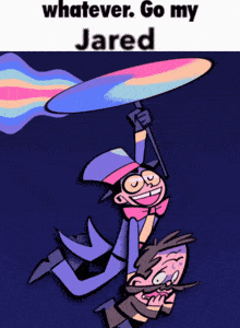 a cartoon of a man holding a rainbow umbrella with the words " whatever go my jared " on the bottom