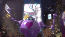 a purple robot with a pink heart on its chest is standing in front of a sign that says ' love '