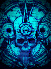 a picture of a skull with headphones on a blue background