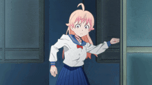 a girl with pink hair is standing in a doorway with her hand out