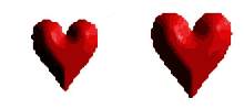 two red hearts on a white background in a pixel art style