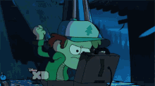 a cartoon character from disney xd sits in front of a computer