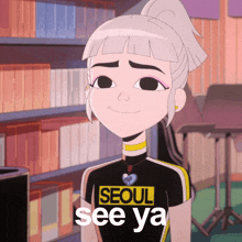 a cartoon girl wearing a seoul see ya shirt