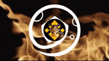 a picture of a child in a circle with a fire background
