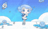 a drawing of a little girl with blue hair