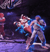 a man and a woman are fighting in front of a neon sign