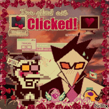 a pixel art of a cat with the words " i 'm glad you clicked " above it
