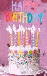 a birthday cake with candles and sprinkles on a plate on a table .