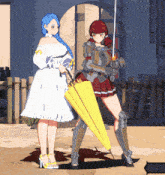 a woman in a white dress is holding an umbrella next to a woman in armor