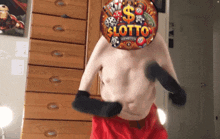 a shirtless man is holding a sign that says lotto