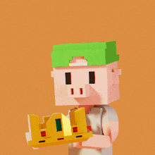 a pixel art of a pig holding a house with a speech bubble saying you dropped this