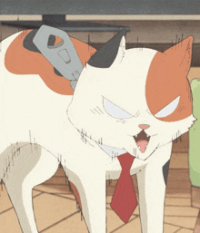 a cartoon cat with a red tie and a bottle in its back