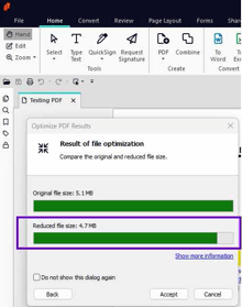 a screenshot of the result of file optimization window in adobe reader .
