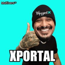 a man wearing a beanie with the word hazzard on it giving a thumbs up