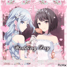 a couple of anime girls standing next to each other with the words wedding day above them