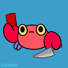 a cartoon of a crab holding a knife and a red card that says pikaole on the bottom