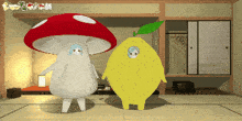 a red mushroom and a yellow lemon standing next to each other