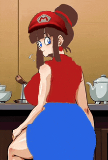 a cartoon drawing of a woman wearing a mario hat and a blue skirt
