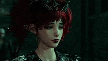 a woman with red hair and blue eyes is wearing a crown on her head