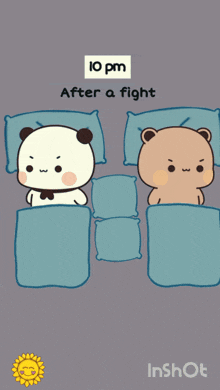 a cartoon of a panda and a brown bear laying in a bed