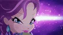 a girl with purple hair and blue eyes looks at the camera