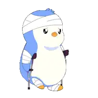 a blue and white penguin with a bandage on its head is holding crutches