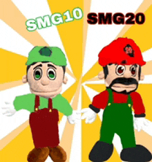 two stuffed mario characters are standing next to each other