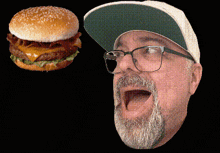 a man wearing glasses and a baseball cap looks at a hamburger