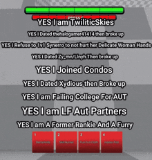 a screenshot of a video game that says ' yes i am twilticskies ' at the top