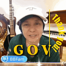 a woman wearing a hat and a green shirt says gov bbfam