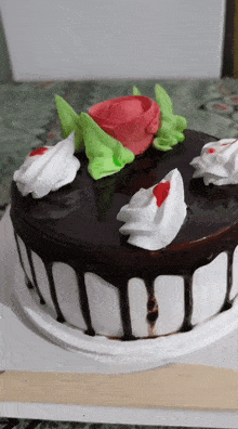 a chocolate cake with white frosting and flowers on top
