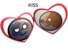 a pair of heart shaped sunglasses with two faces on them and the word kiss below them