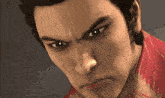a close up of a man with a red shirt on